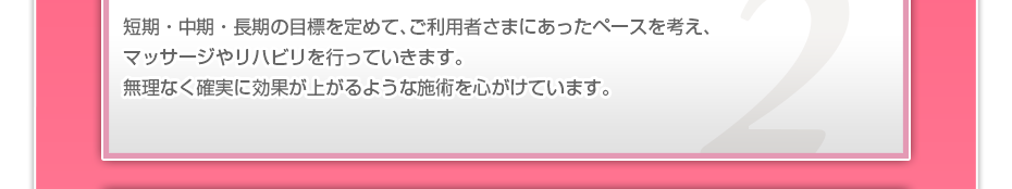 短期・中期・長期の目標を定めて、ご利用者さまにピッタリのペースを考え、マッサージやリハビリを行っていきます。無理なく確実に効果が上がるような施術を心がけています。