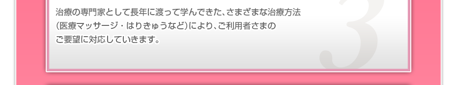 治療の専門家として長年に渡って学んできた、さまざまな治療方法(医療マッサージ・はりきゅうなど)により、ご利用者さまのご要望に対応していきます。