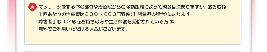 マッサージをする体の部位や治療院からの移動距離によって料金は決まりますが、おおむね1回あたりの治療費は300~600円程度(1割負担の場合)になります。障害者手帳1,2級をお持ちの方や生活保護を受給されている方は、無料でご利用いただける場合がございます。